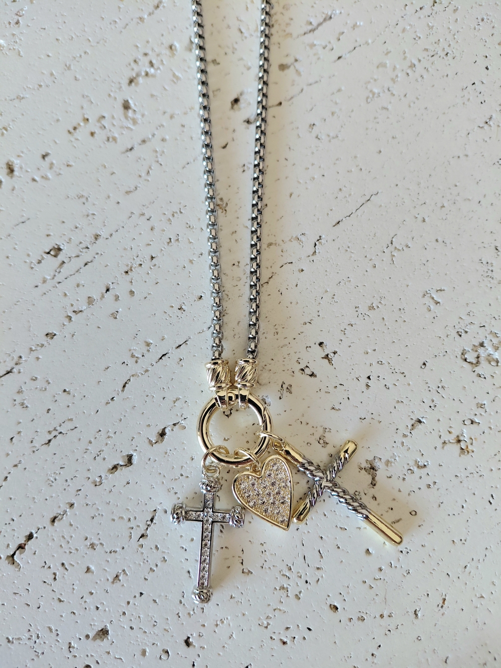 Silver Cross & Heart Pendant Necklace